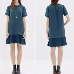 Madewell Sheer Overlay Dress XS Green Mesh Layered Shift Ruffle Hem Boho